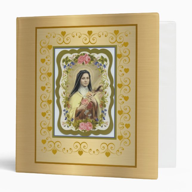 St. Therese Pink Roses Religious Gold 3 Ring Binder (Front/Inside)