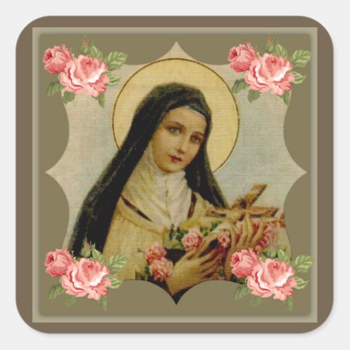 St Therese Pink Roses Square Sticker
