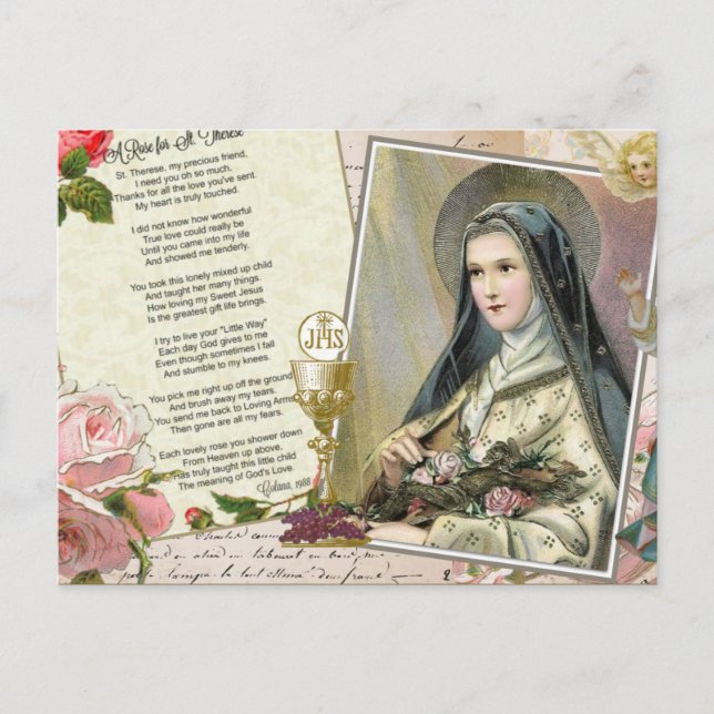 St. Therese Poem Vintage Catholic Rosary Collage Postcard (Front)