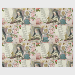 St. Therese Poem Vintage Catholic Rosary Collage Wrapping Paper