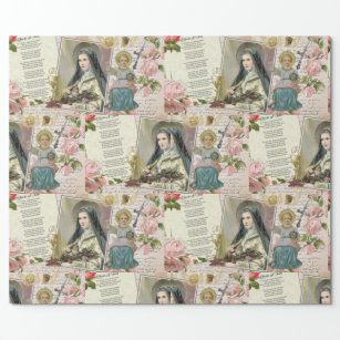 St. Therese Poem Vintage Catholic Rosary Collage Wrapping Paper