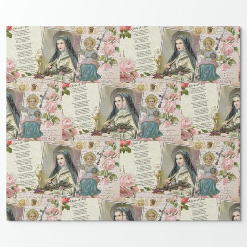 St Therese Poem Vintage Catholic Rosary Collage Wrapping Paper