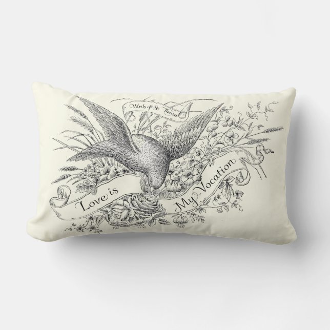 St. Therese Quote with Dove and Black & White Rose Lumbar Pillow (Front)