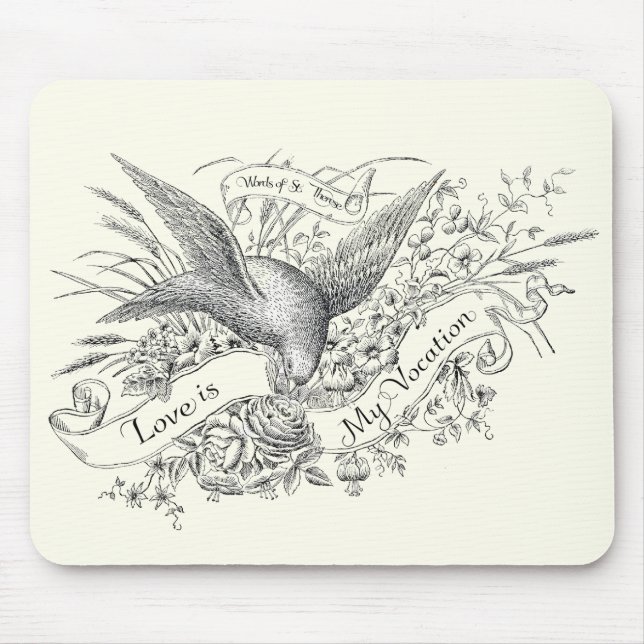 St. Therese Quote with Dove and Black & White Rose Mouse Pad (Front)