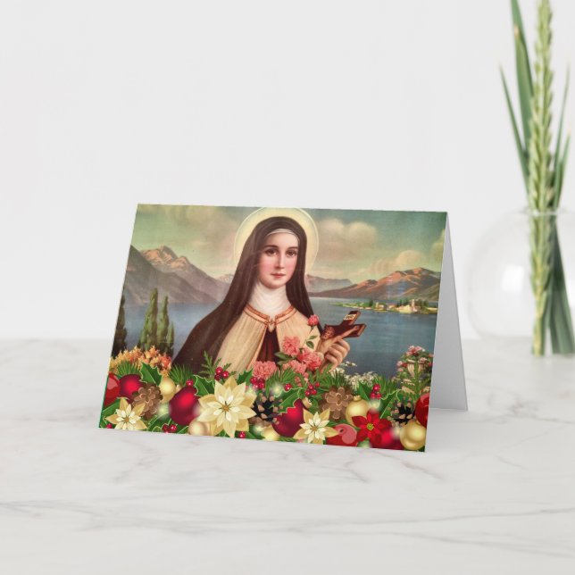 St. Therese Roses Crucifix Christmas Holiday Card (Front)