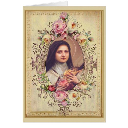 St Therese Roses Crucifix Vintage Gold Border