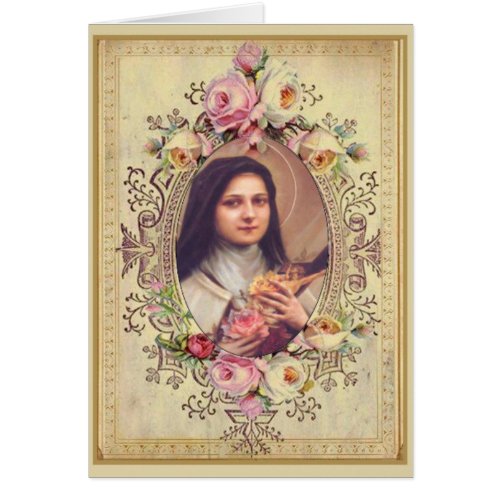 St Therese Roses Crucifix Vintage Gold Border