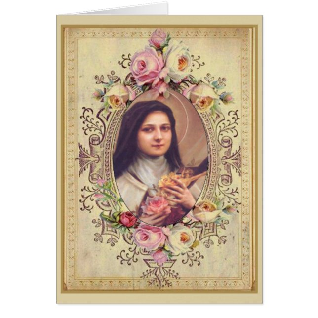 St. Therese Roses Crucifix Vintage Gold Border Cards (Front)