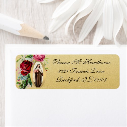 St Therese Roses Gold  Elegant  Catholic Label