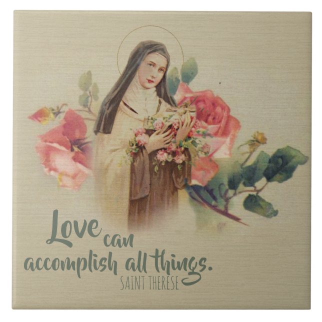 St. Therese the Little Flower Pink Roses Ceramic Tile (Front)