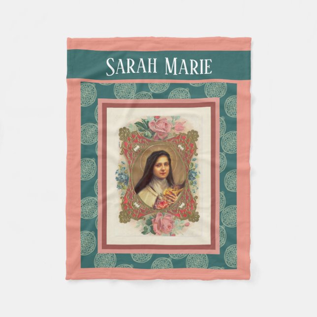 St. Therese the Little Flower Pink Roses Crucifix Fleece Blanket (Front)