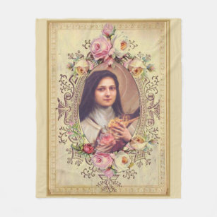 St. Therese the Little Flower Pink Roses Crucifix Fleece Blanket