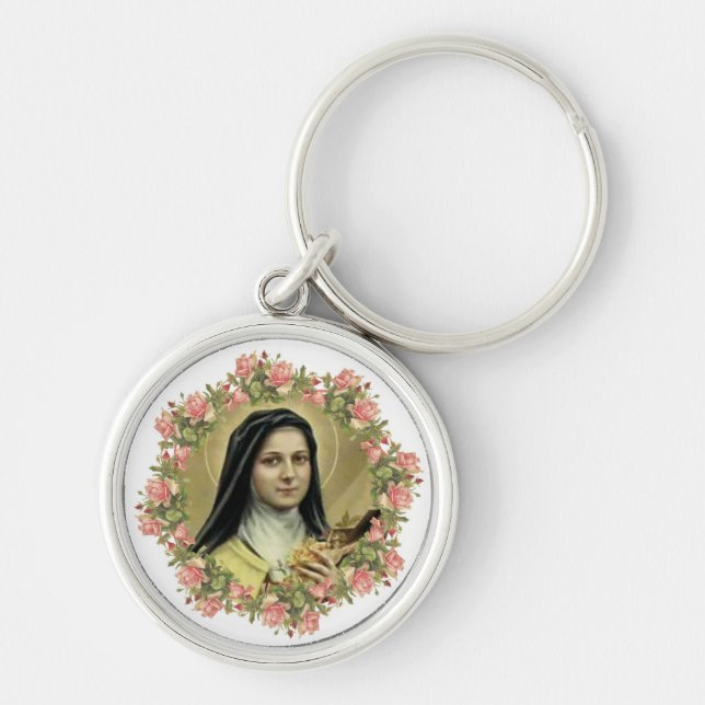 St. Therese the Little Flower Pink Roses Crucifix Keychain (Front)