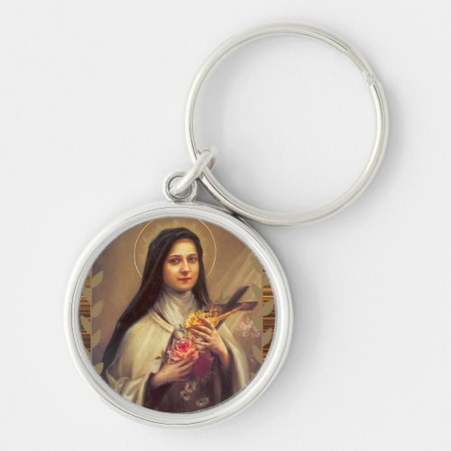 St Therese the Little Flower Pink Roses Crucifix Keychain