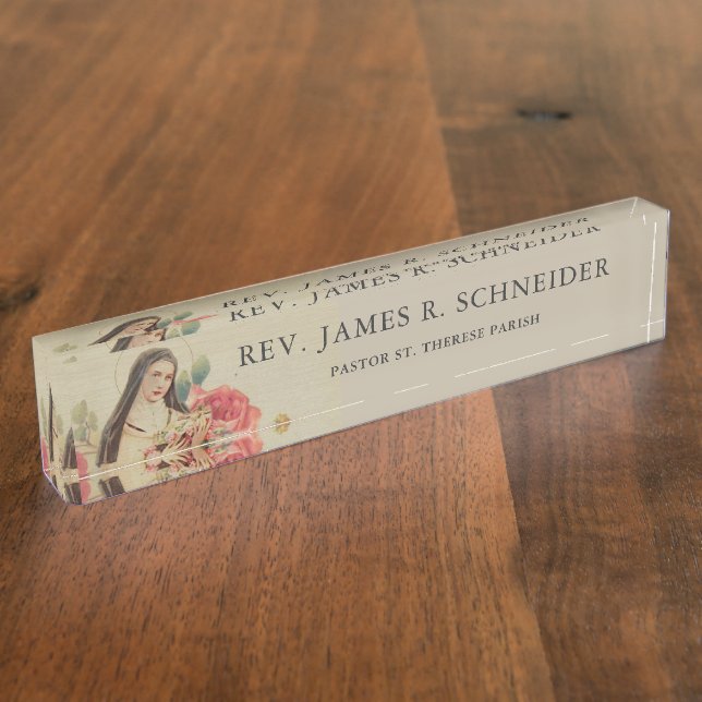St. Therese the Little Flower Pink Roses Desk Name Plate (Side)