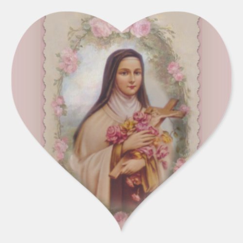 St Therese the Little Flower Pink Roses Heart Sticker