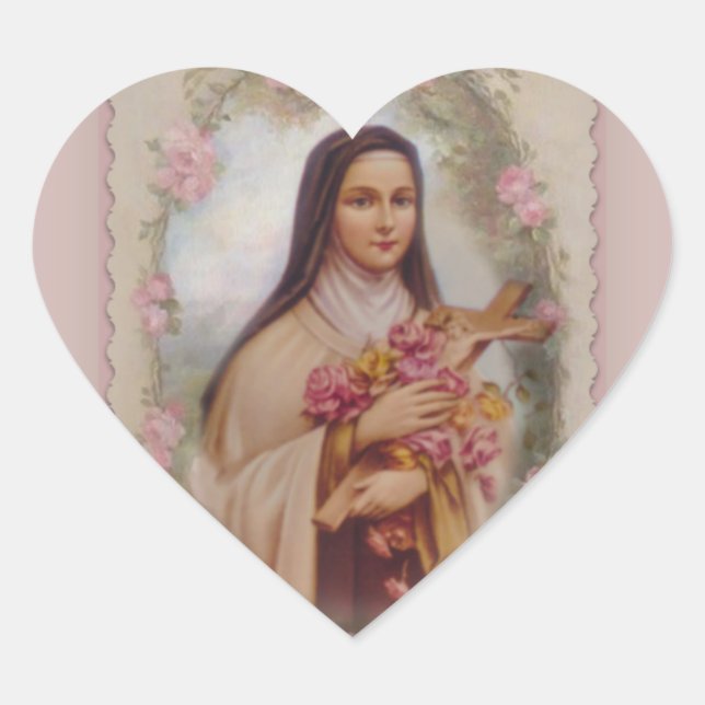 St. Therese the Little Flower Pink Roses Heart Sticker (Front)