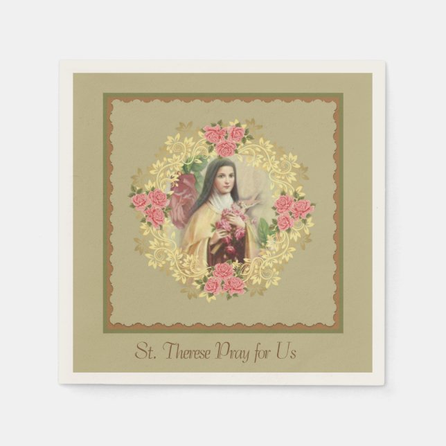 St. Therese the Little Flower Pink Roses Paper Napkins (Front)
