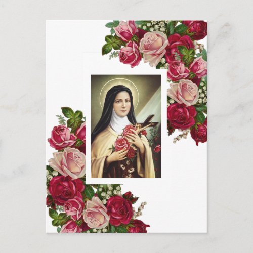 St Therese the Little Flower Pink Roses Postcard