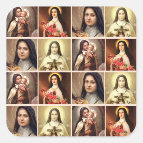 St Therese the Little Flower Roses Crucifix Colla Square Sticker