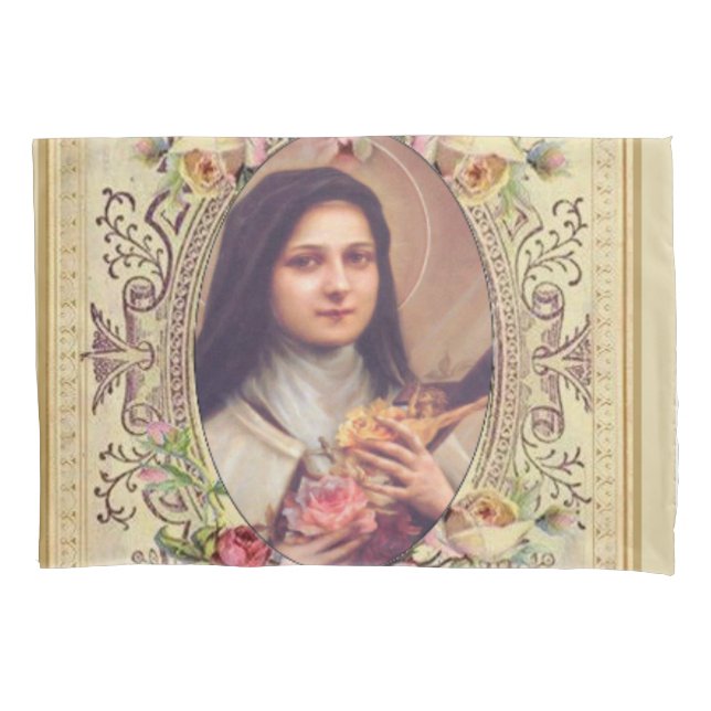 St. Therese the Little Flower Roses Crucifix Pillow Case (Front)