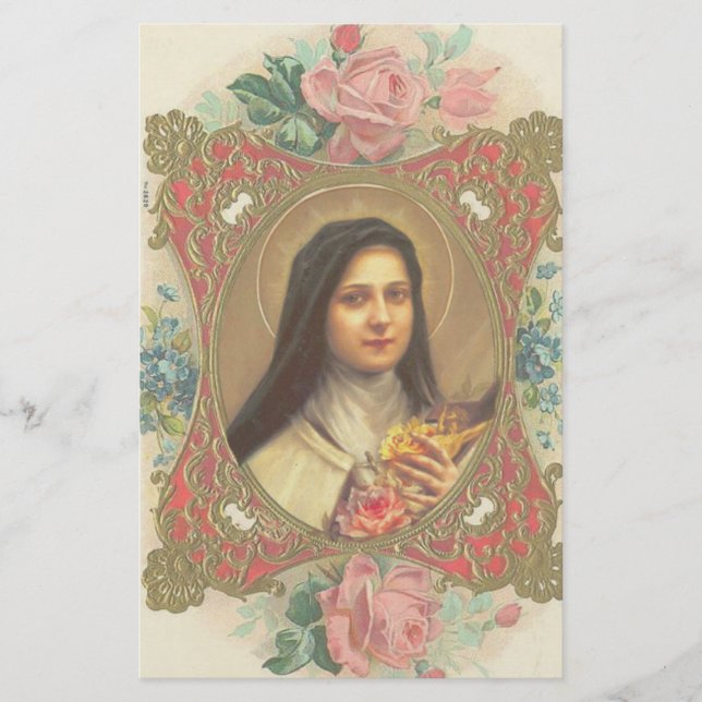 St. Therese the Little Flower Roses Crucifix Stationery (Front)