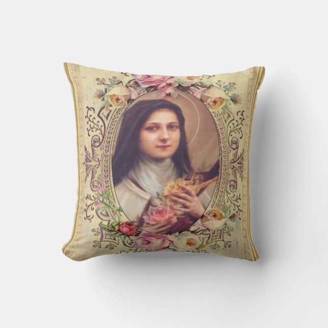 St. Therese the Little Flower Roses Crucifix Throw Pillow (Front)