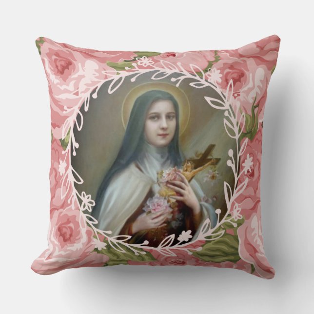 St. Therese the Little Flower Roses Crucifix Throw Pillow (Front)