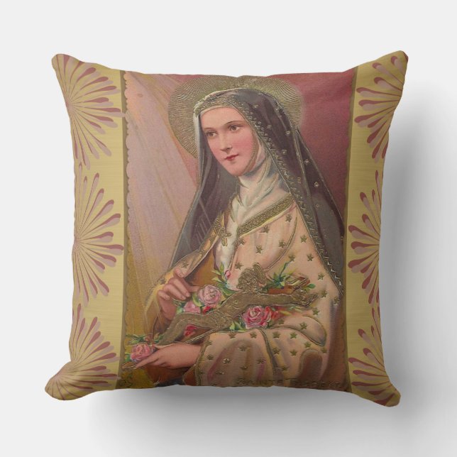St. Therese the Little Flower Roses Crucifix Throw Pillow (Front)