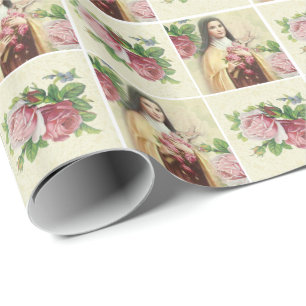 St. Therese the Little Flower w/pink andred roses Wrapping Paper