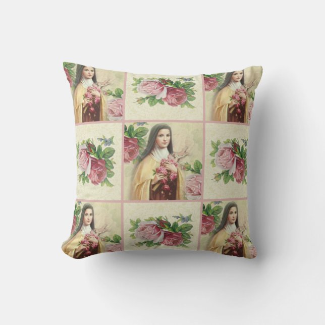St. Therese the Little Flower w/pink roses Throw Pillow (Front)