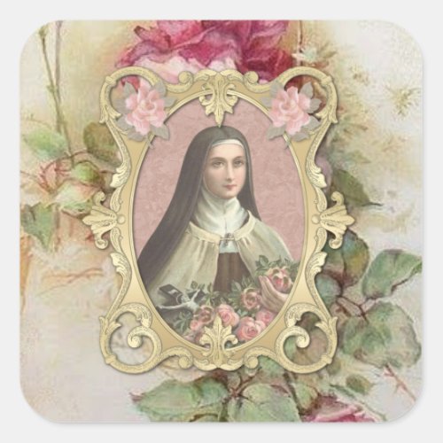 St Therese Vintage Roses Catholic Religious Square Sticker