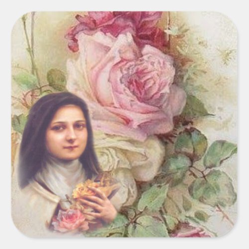 St Therese Vintage Victorian pink and white Roses Square Sticker