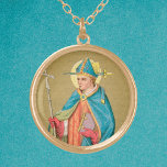 St. Thomas Becket with Sword in Miter (P 005) Gold Plated Necklace<br><div class="desc">In this full-length portrait from a late 19th-century devotional print, St. Thomas Becket is depicted true to his earliest type: He is depicted in his prime: tall, slim, and clean-shaven. He holds his archiepiscopal cross in his right hand and carries a lectionary or Gospel book in his left. He is...</div>