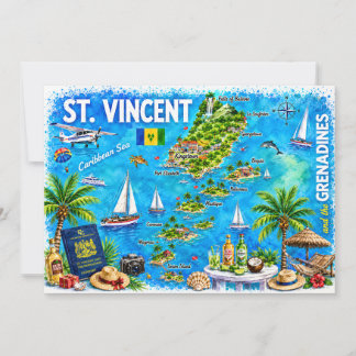 St Vincent Grenadines Illustrated Map Postcard