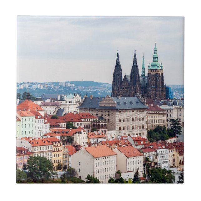 St. Vitus Cathedral and Prague Cityscape - Czech R Ceramic Tile (Front)