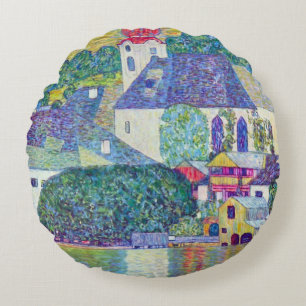 St. Wolfgang Church by Gustav Klimt, Victorian Art Round Pillow