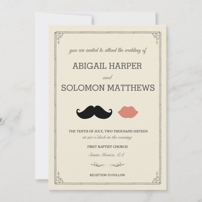 stache + kiss — Mustache & Lips Wedding Invitation (Front)