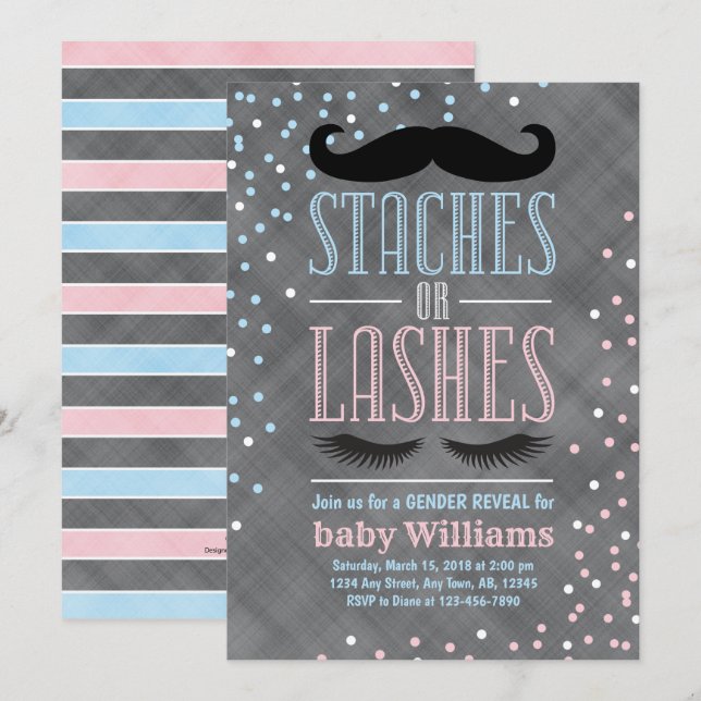 Staches or Lashes gender reveal invitation ideas (Front/Back)