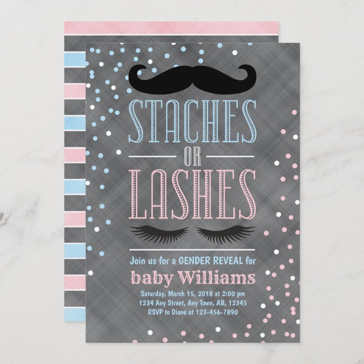 Staches Or Lashes Gender Reveal Invitation Ideas Zazzle 8743