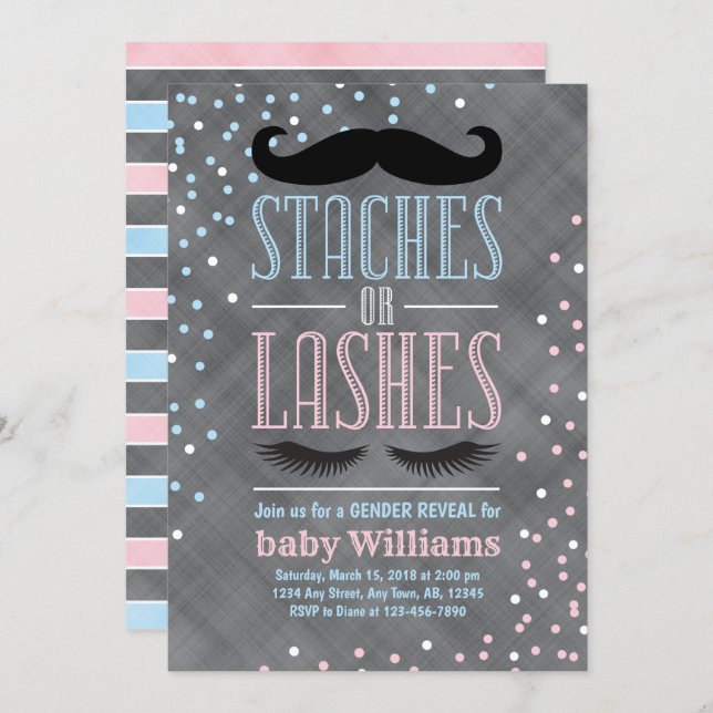 Staches or Lashes gender reveal invitation ideas (Front/Back)