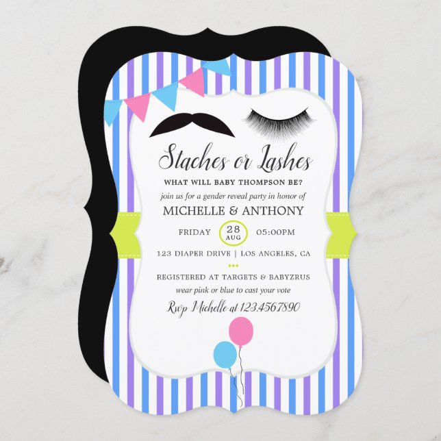 Staches or Lashes Gender Reveal Party Invitation (Front/Back)