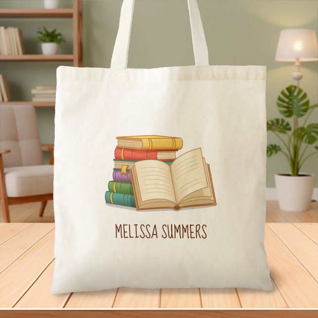 Stack of Books and Open Book Custom Name Tote Bag (Creator Uploaded)