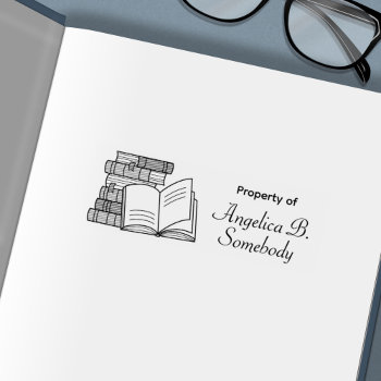 Stack Of Books And Open Book Etched Bookplate Self-inking Stamp by Chibibi at Zazzle