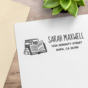 Stack of Books and Open Book Return Address Rubber Stamp