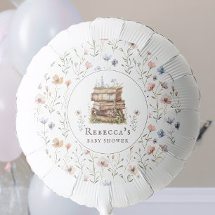 Stack of books baby shower watercolor, wildflower balloon
