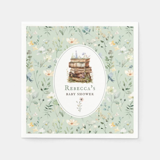 Stack of books baby shower watercolor, wildflower napkins (Front)