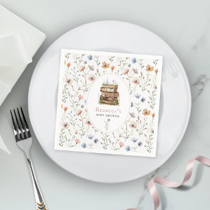 Stack of books baby shower watercolor, wildflower napkins