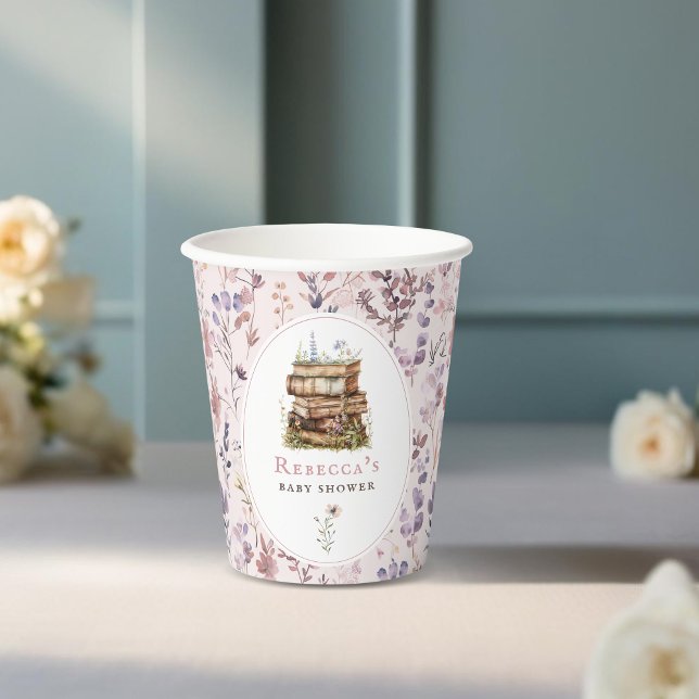 Stack of books baby shower watercolor, wildflower paper cups (Creator Uploaded)