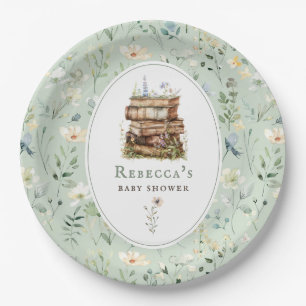 Stack of books baby shower watercolor, wildflower paper plates